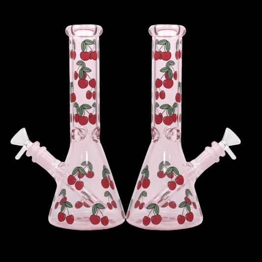 Cherries ice-pinch beaker glass bong – 25.5 cm, 420 g, pink with cherry decals