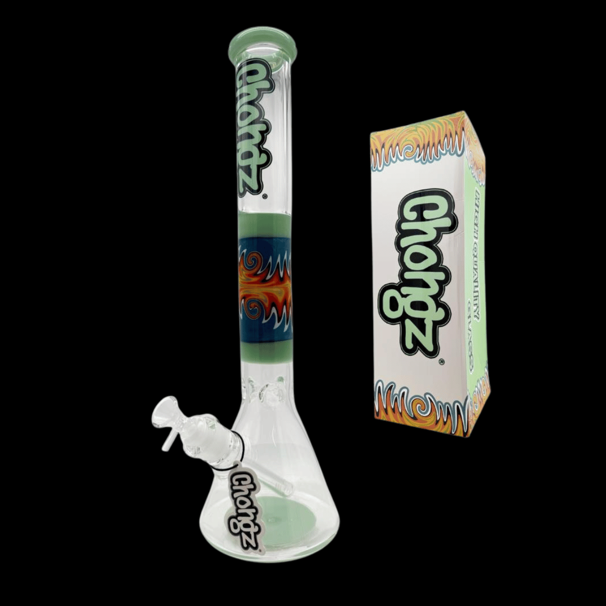 Chongz 45cm green glass beaker bong displayed beside branded box