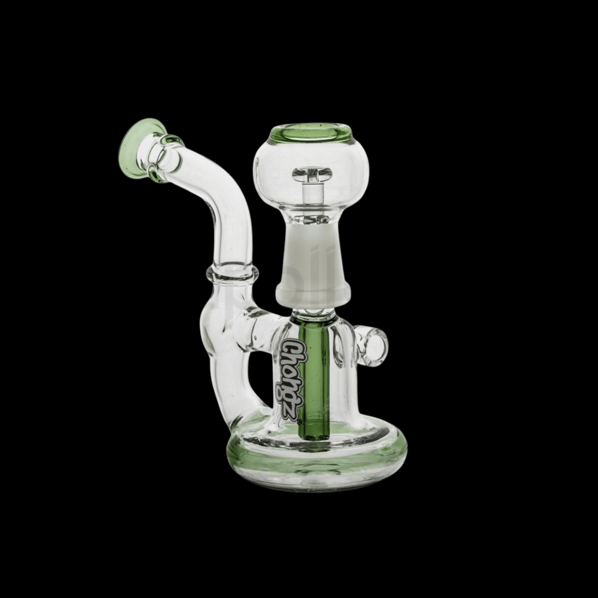 Chongz Mini Mal 10cm clear glass oil rig with green accents and curved mouthpiece