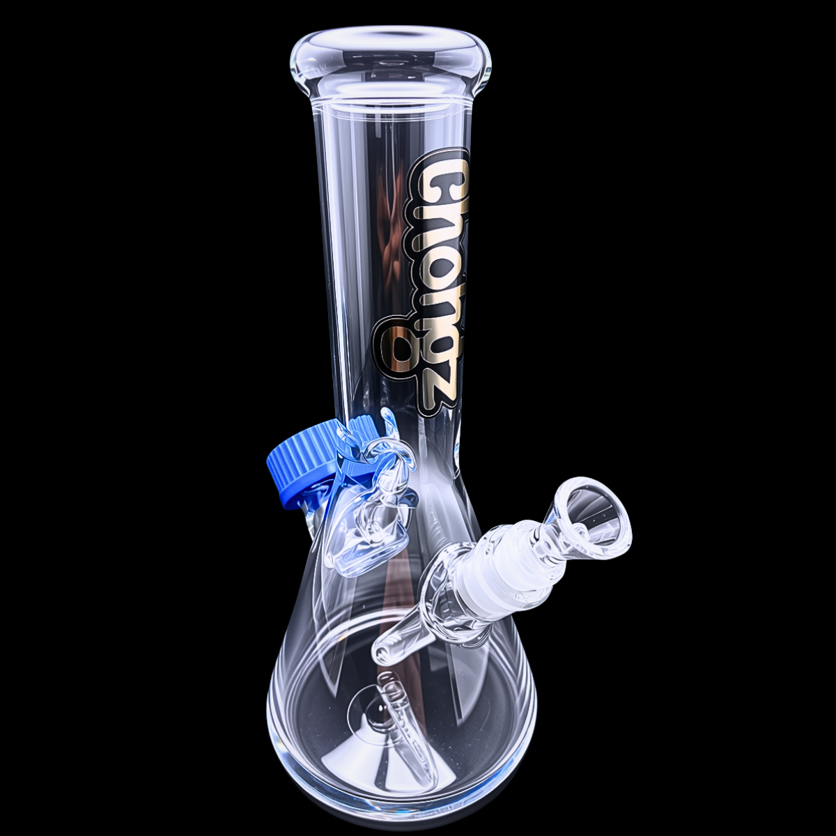 Chongz Just Stash It 29cm glass beaker bong with blue screw-top storage container