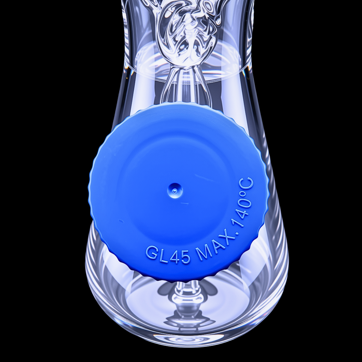 Close-up of blue screw-top storage container attached to the beaker chamber
