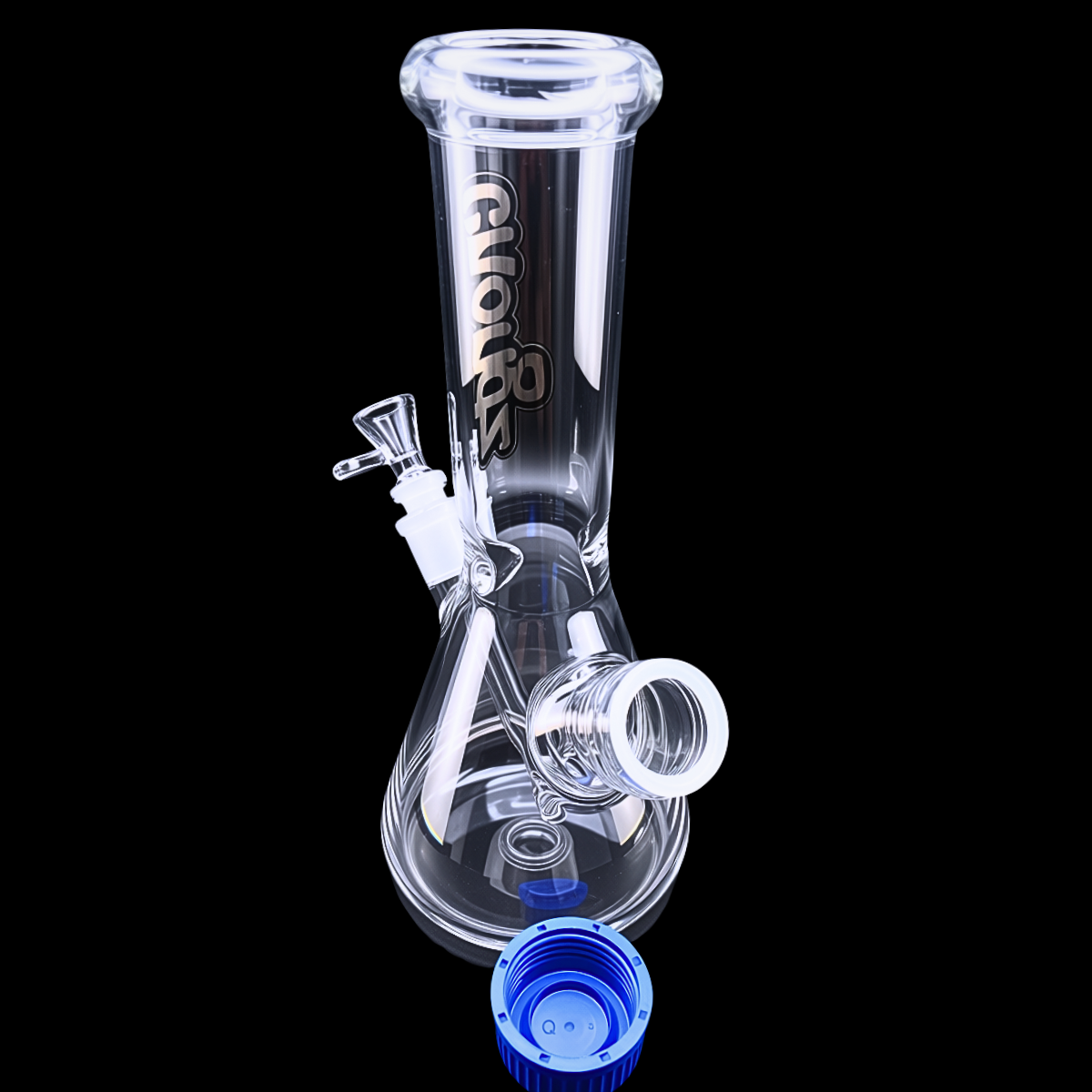 Rear view of Chongz Just Stash It bong showing glass chamber and blue cap