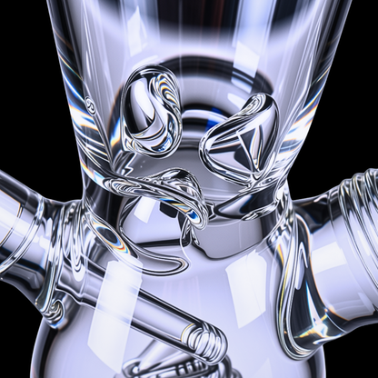 Close-up of moulded glass detail and blue storage container on Chongz bong