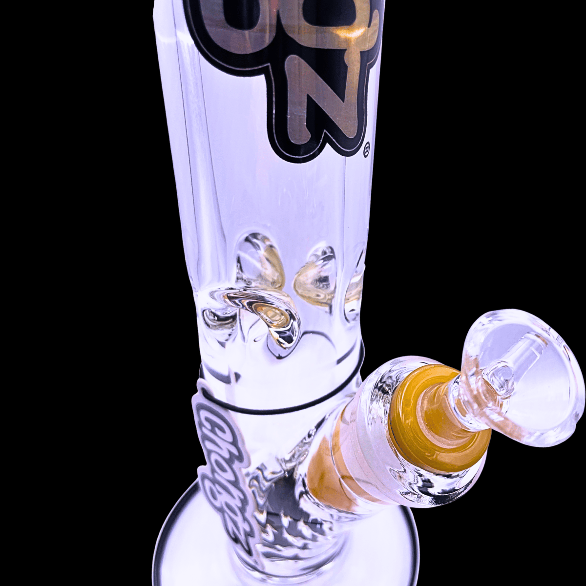 Close-up of Chongz Bob 9mm glass ice bong showing the orange downstem, glass bowl and ice notches