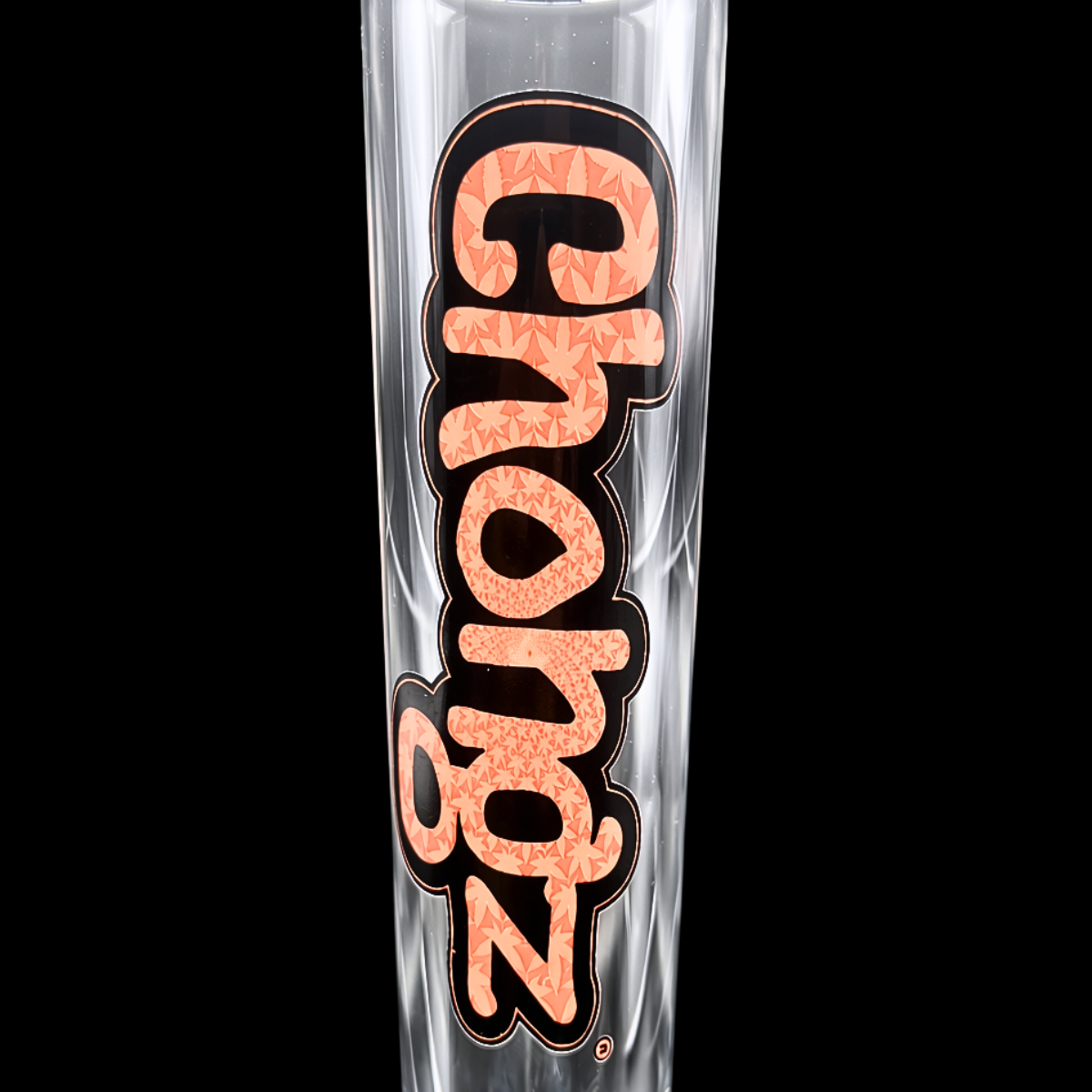 Close-up of the orange Chongz branding on the 9mm glass neck