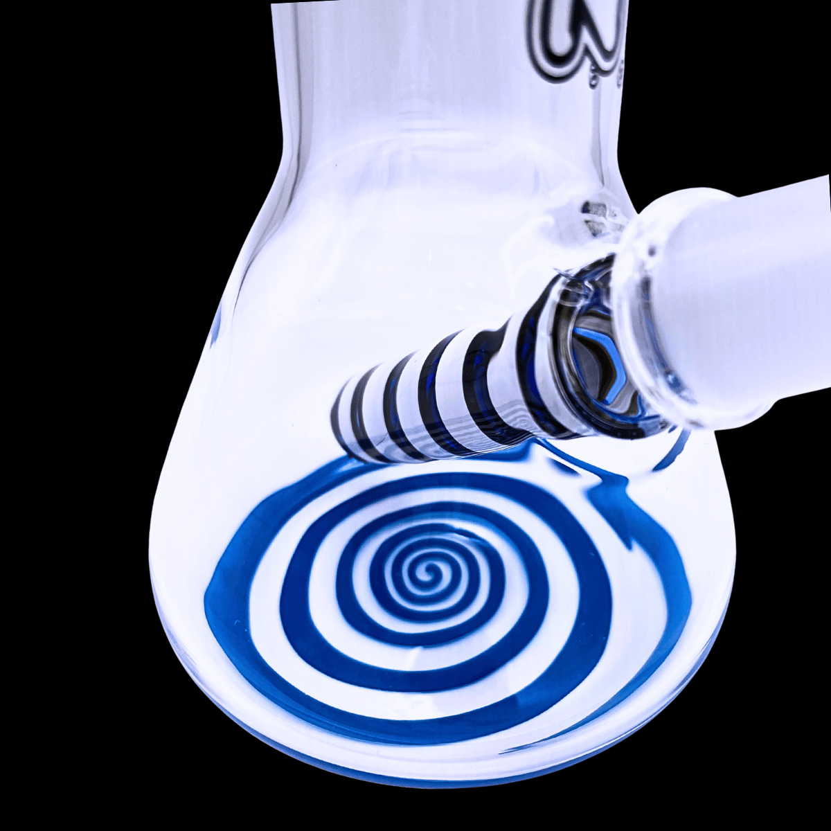 Close-up of Chongz Mini Goose bong showing the blue spiral beaker base and downstem
