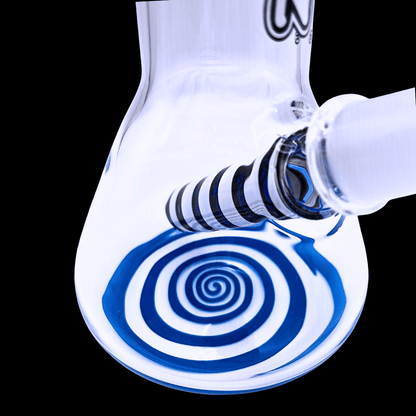 Close-up of Chongz Mini Goose bong showing the blue spiral beaker base and downstem