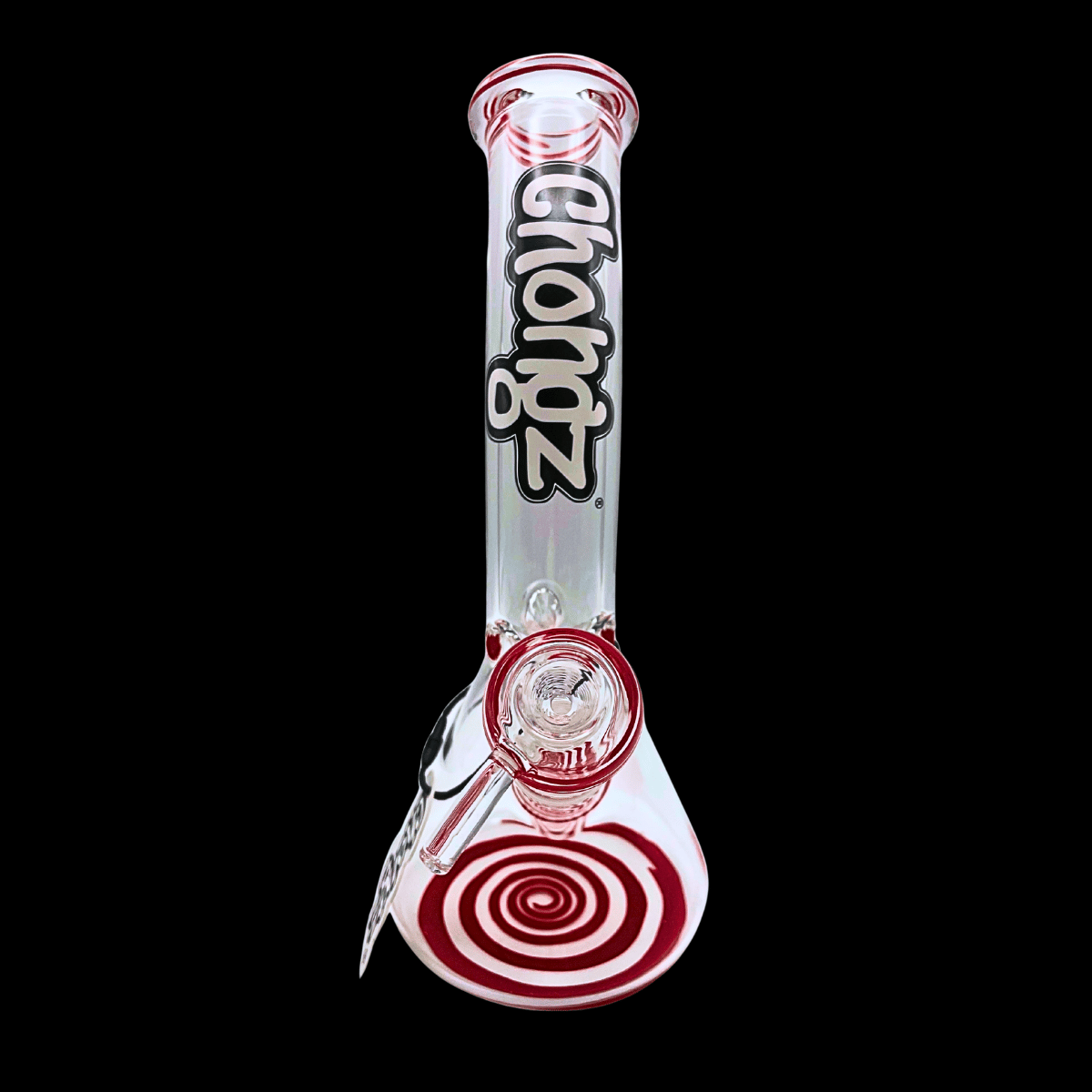 Front view of the Chongz Red Spiral Ice Bong showing its ice pinches and branded neck