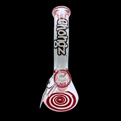 Front view of the Chongz Red Spiral Ice Bong showing its ice pinches and branded neck