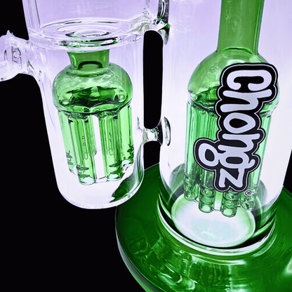 Close-up of dual green percolator chambers and Chongz logo on Wizard’s Sleeve glass bong