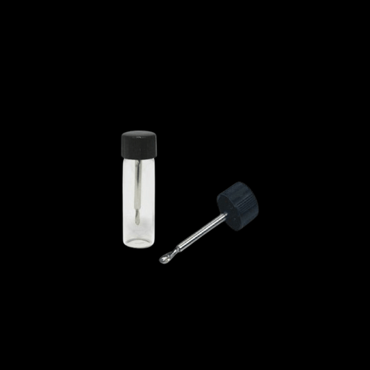 Clear 5 cm mini vial with black screw-cap and tiny extendable spoon