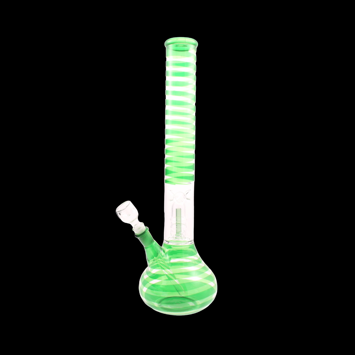 Neon Helix 45cm glass percolator bong with green spiral colour bands and rounded base