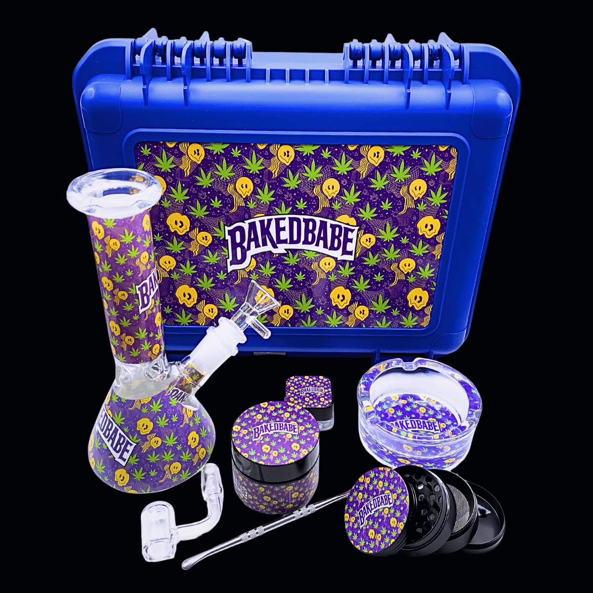 Baked Babe bong and dab kit with blue locking hard case and matching accessories