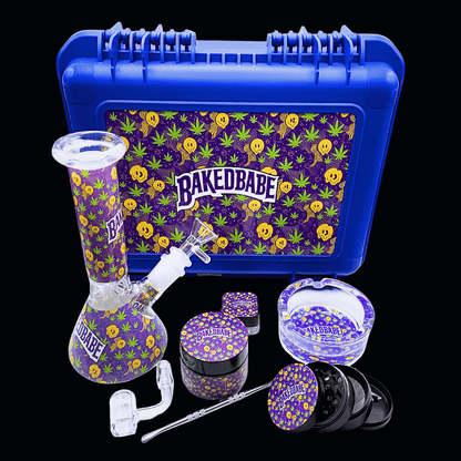 Baked Babe bong and dab kit with blue locking hard case and matching accessories