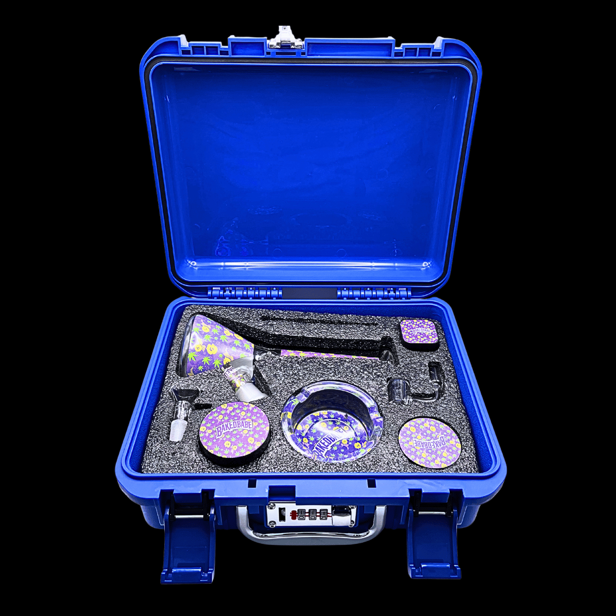 Open blue locking hard case containing the Baked Babe bong and dab accessories