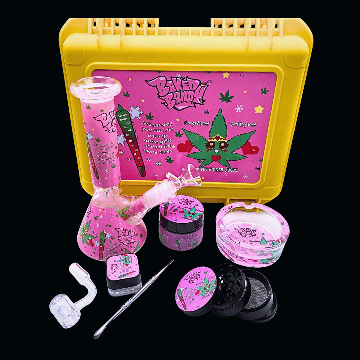 Baked Bunny pink bong and dab kit with yellow locking hard case and matching accessories