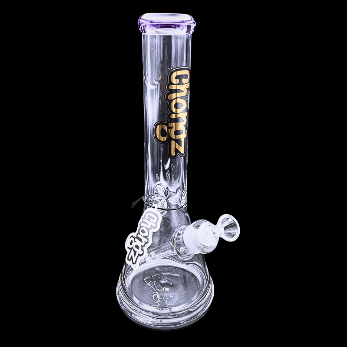 Chongz Heavyman clear glass beaker bong with purple accents – 35cm