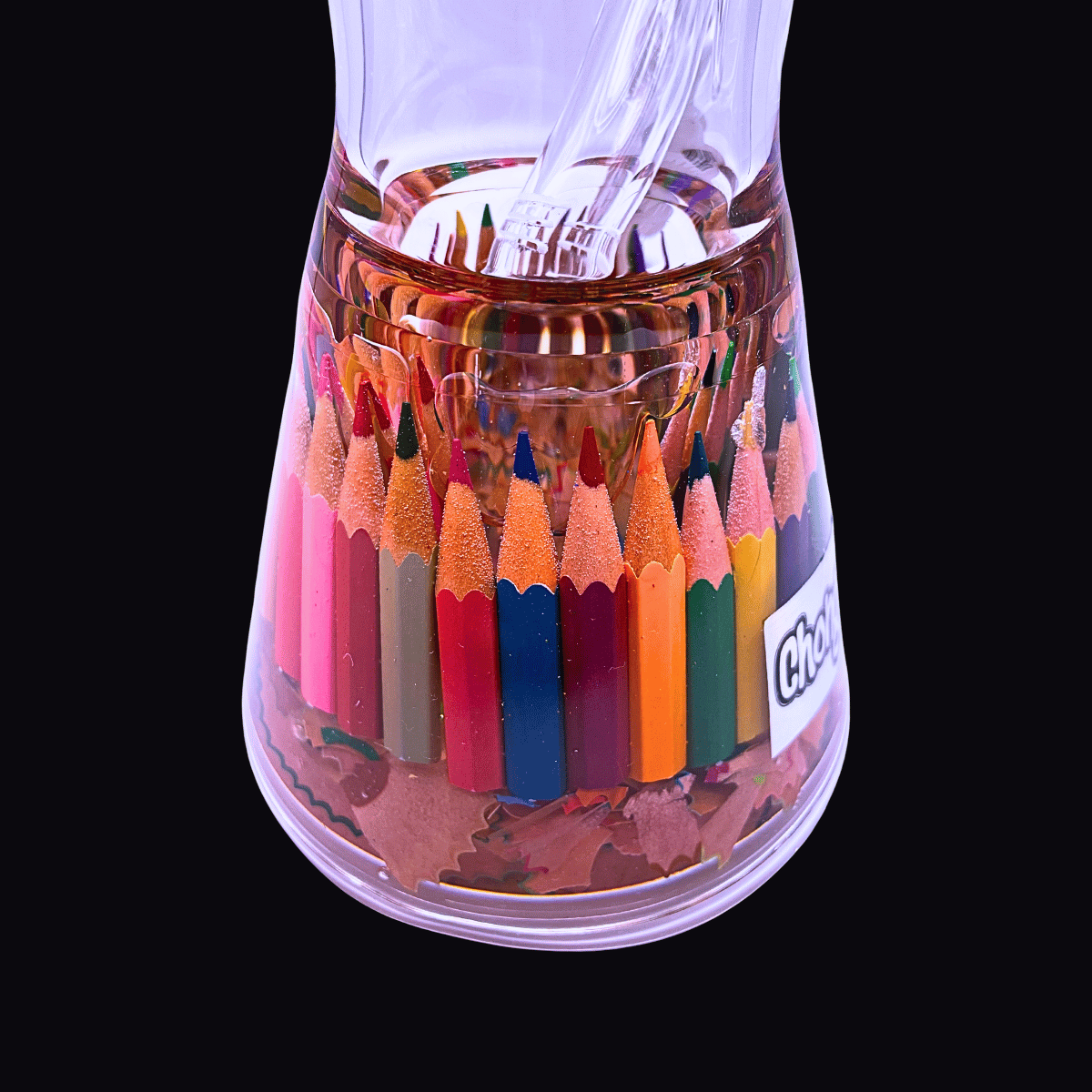 Close-up of the colourful pencil-filled beaker base on the Chongz Pencil Case Glass Bong