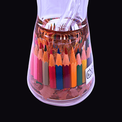 Close-up of the colourful pencil-filled beaker base on the Chongz Pencil Case Glass Bong