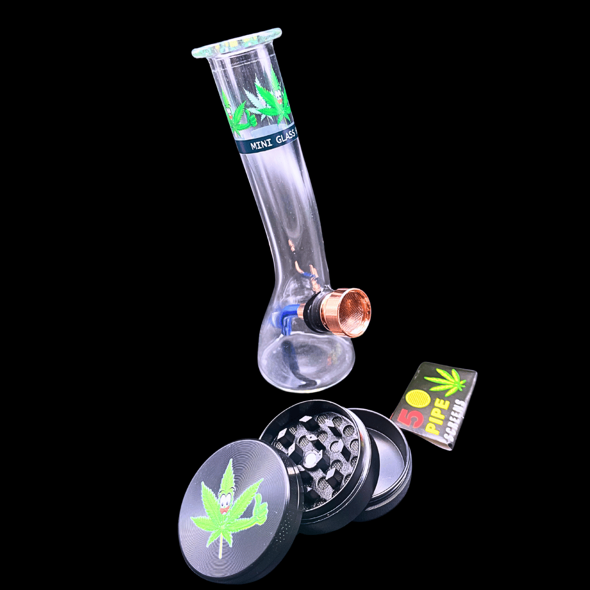 Glass leaf mini bong gift set with 40mm grinder and pipe screens