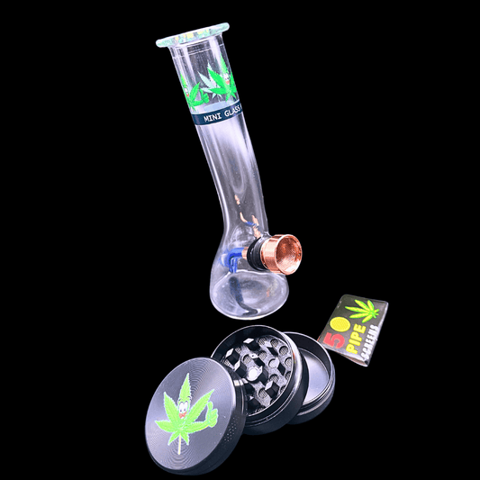 Glass leaf mini bong gift set with 40mm grinder and pipe screens