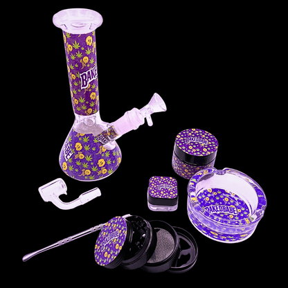 Baked Babe glass bong with matching grinder, ashtray and dab accessories