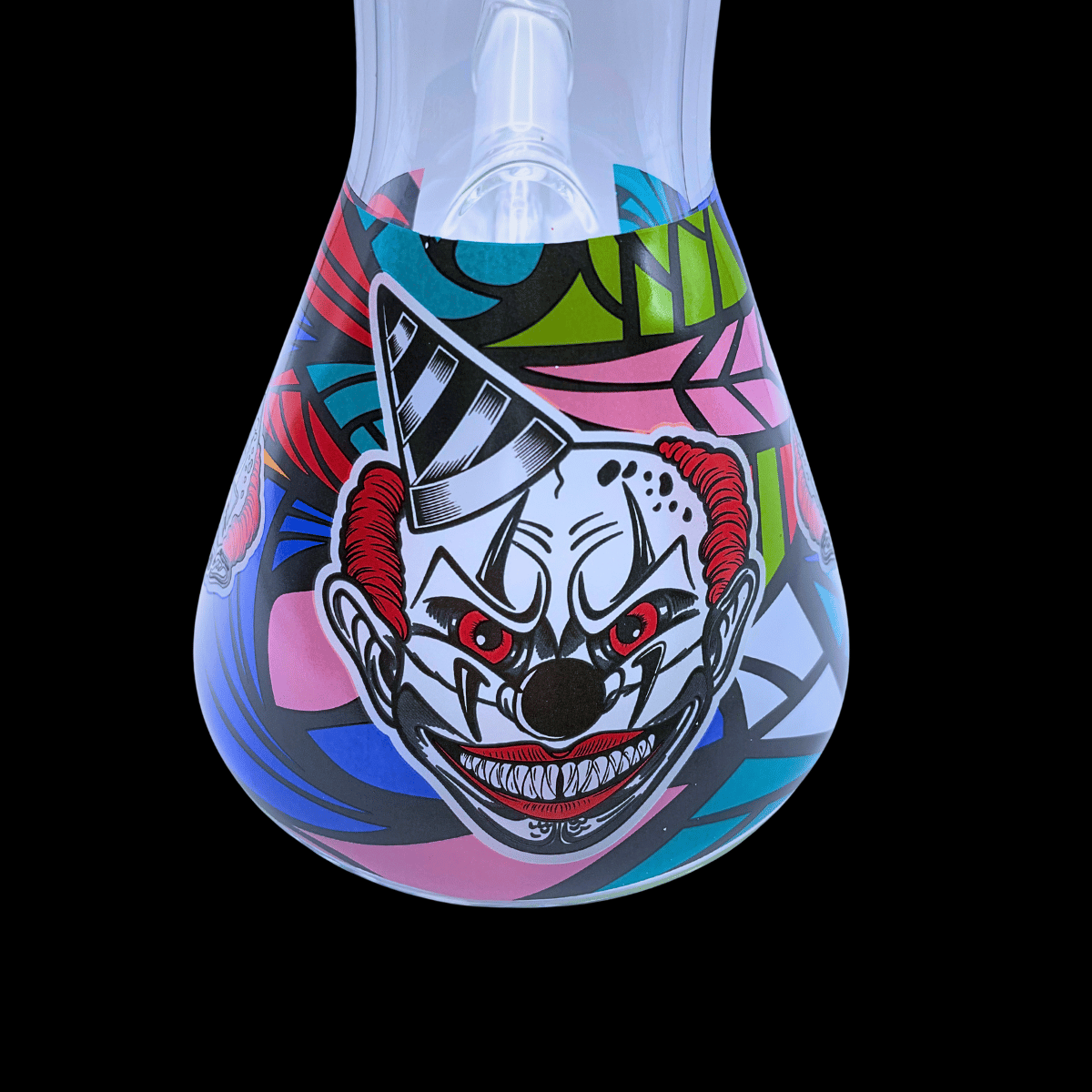 Close-up of the Killer Clown bong beaker base with sinister clown face artwork