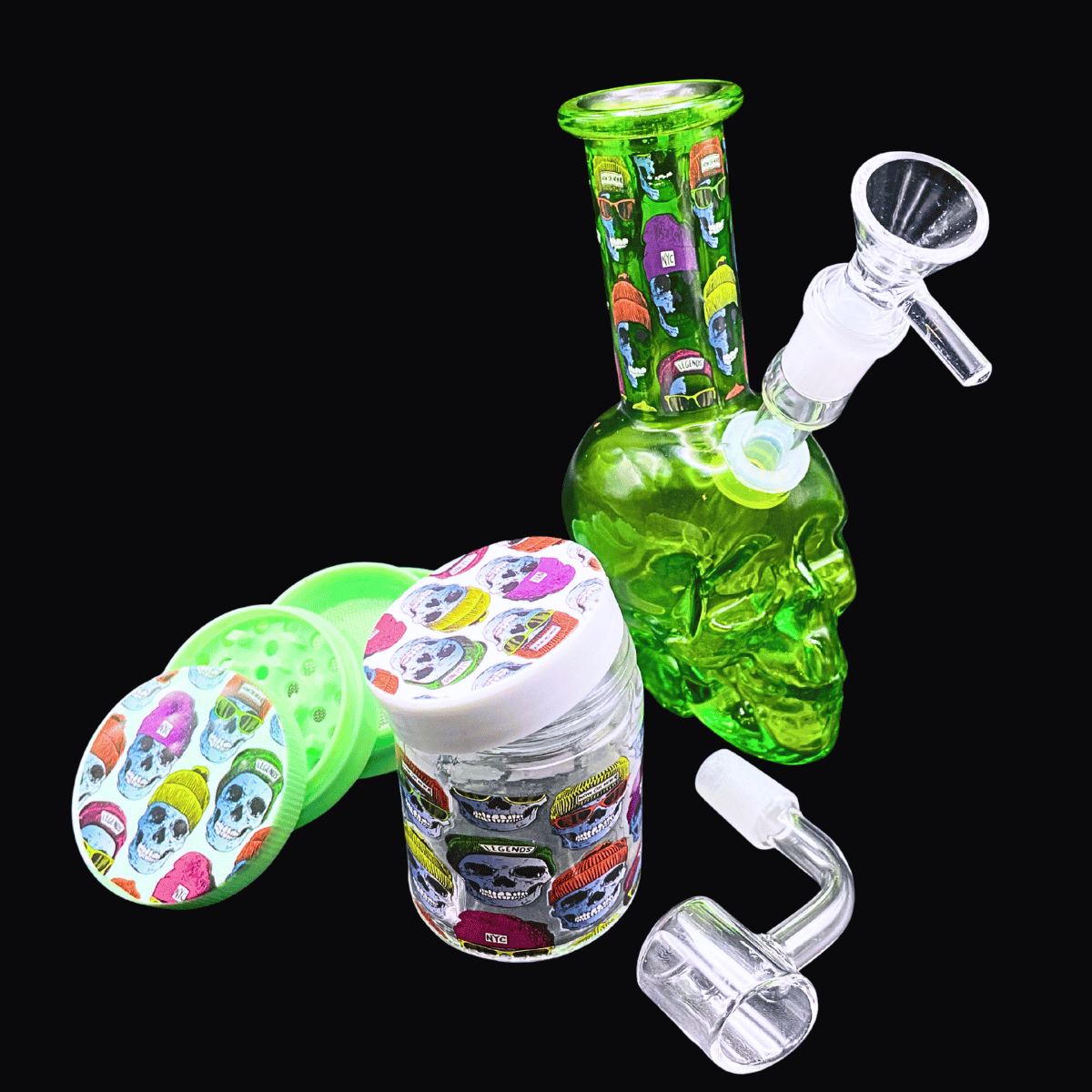 Green skull bong with colourful grinder, jar and accessories