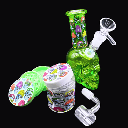 Green skull bong with colourful grinder, jar and accessories