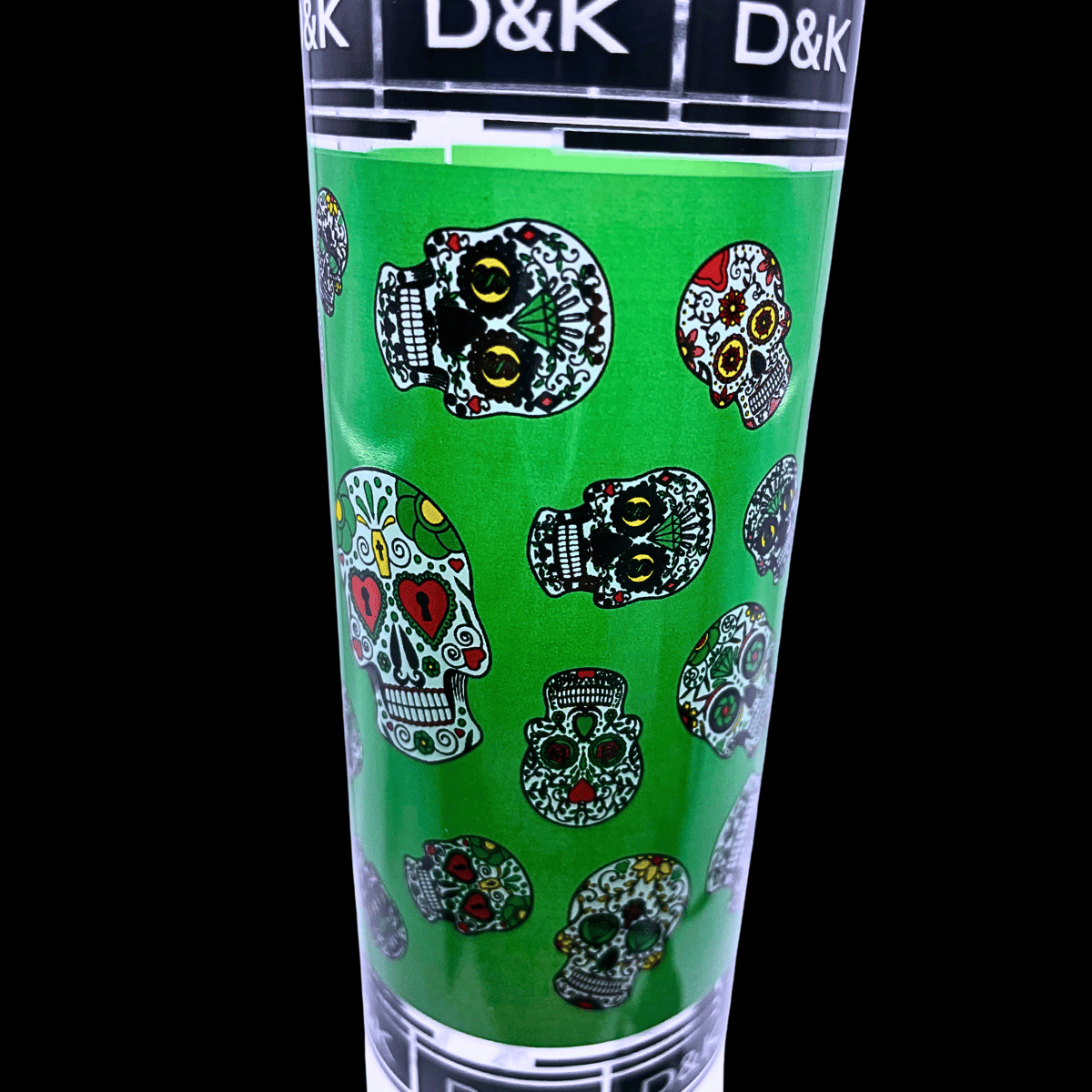 Close-up of the colourful sugar skull artwork on the Day of the Dead glass bong