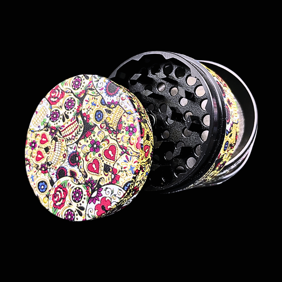 Close-up of matching multicoloured metal grinder from Graffiti Burst gift set