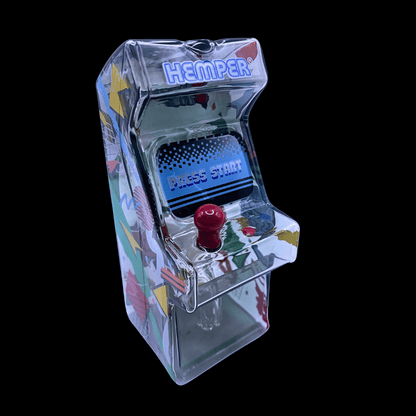 Front view of Hemper Totally Rad miniature arcade machine glass bong