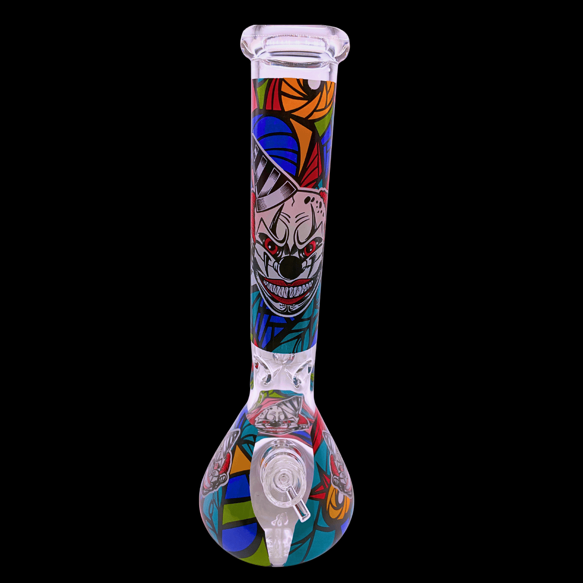 Rear view of the Killer Clown ice-pinch beaker bong showing the colourful artwork