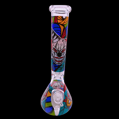 Rear view of the Killer Clown ice-pinch beaker bong showing the colourful artwork