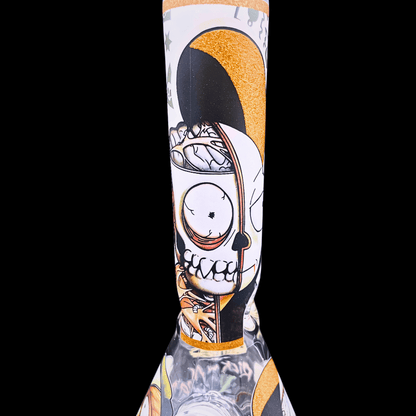 Close-up of Character Collage artwork on the orange-trim glass bong neck