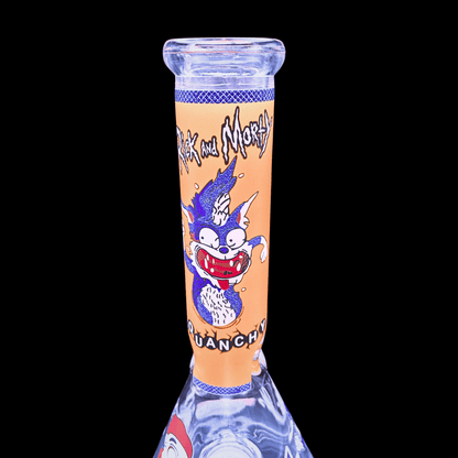 Close-up of Squanchy artwork on the orange glass bong neck with blue decorative trim