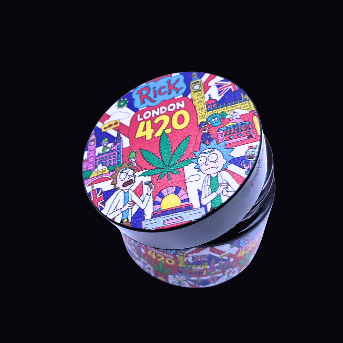 Matching Rick and Morty London 420 metal grinder included with the bong and dab kit