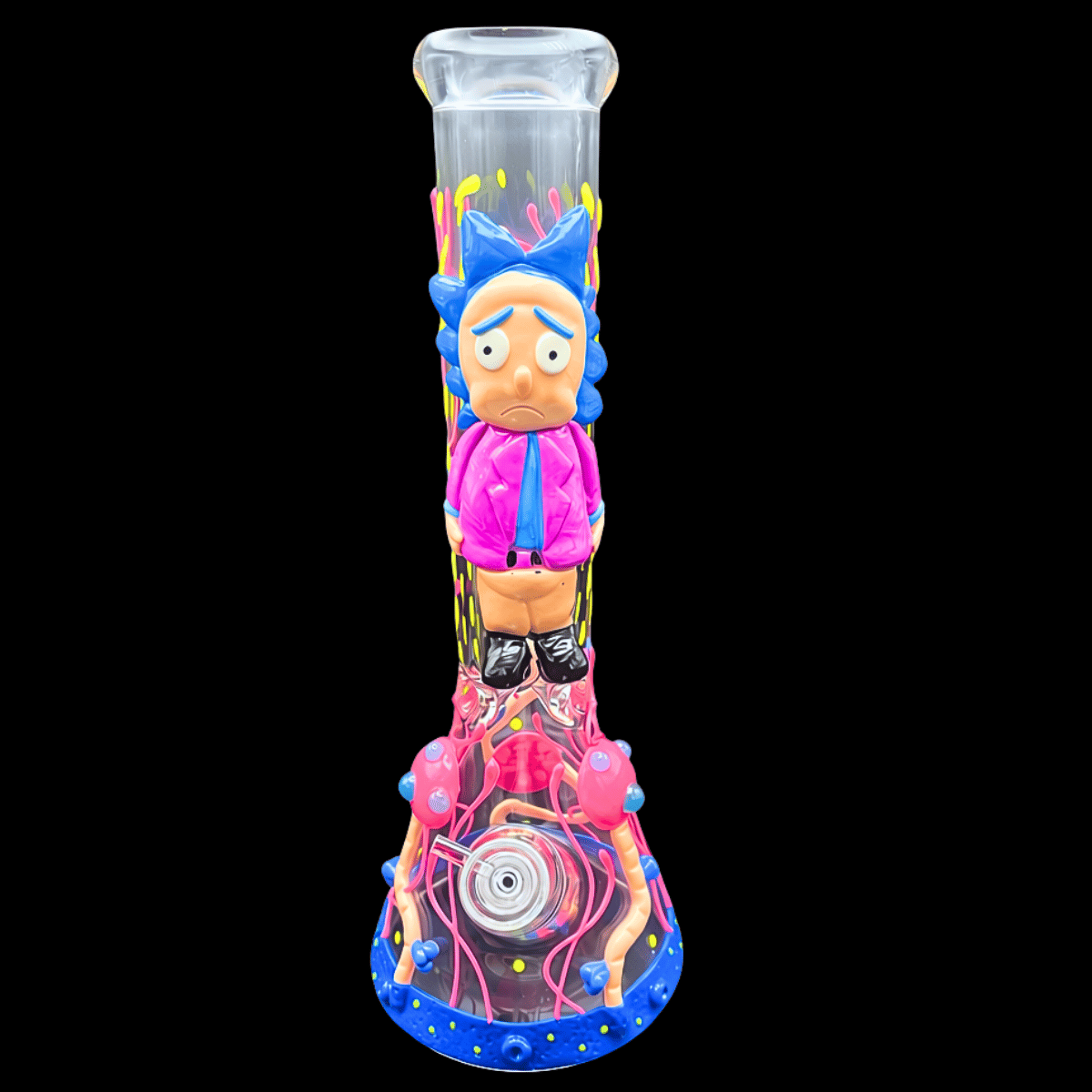Rick and Morty-inspired 3D glass beaker bong – full front view