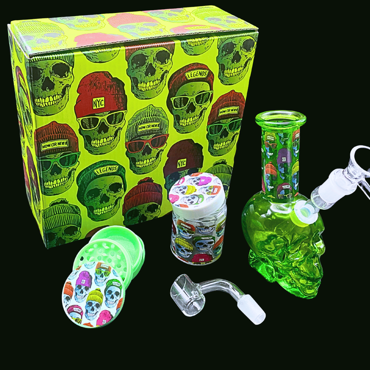 Green skull glass bong gift set with grinder, jar and accessories