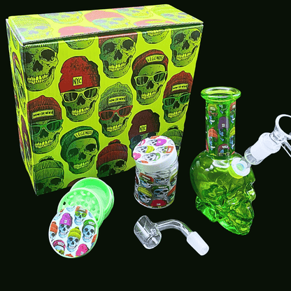Green skull glass bong gift set with grinder, jar and accessories