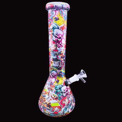 Full view of Sparky’s graffiti-print glass beaker bong with removable bowl