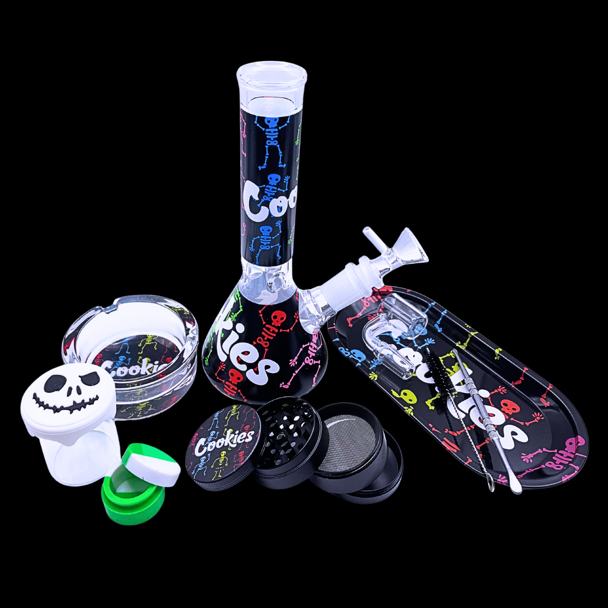 Cookies Skeleton glass bong with matching grinder, tray, ashtray and dab accessories