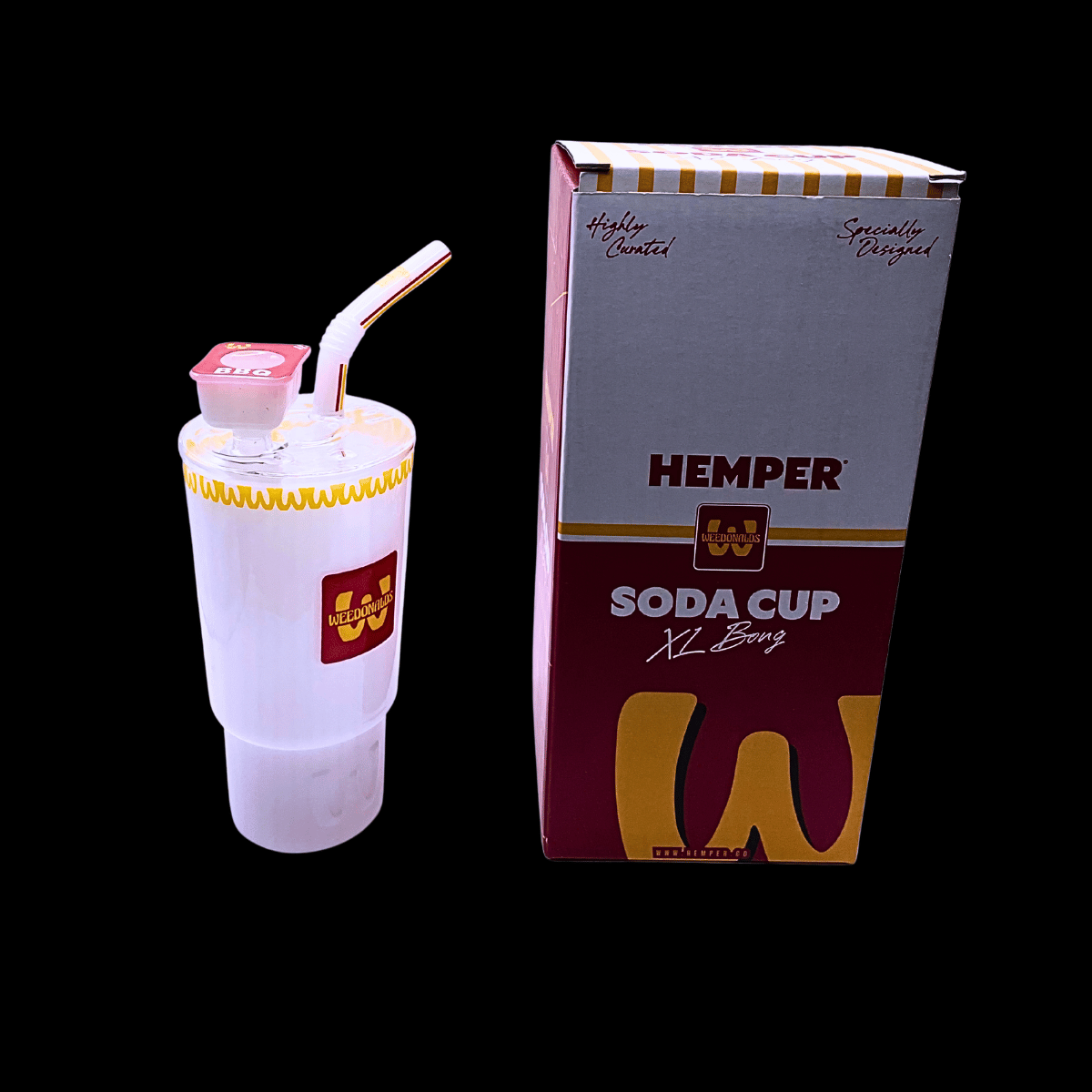 HEMPER Weedonald’s Soda Cup percolator bong beside its branded packaging