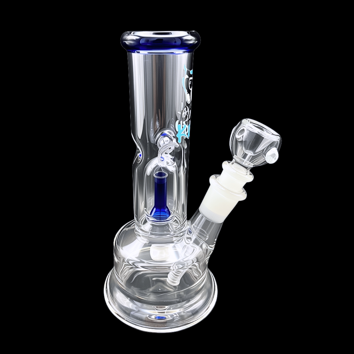 Full front view of Blue Core clear glass bong with blue internal percolator