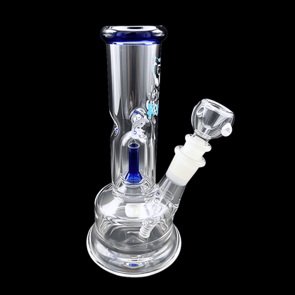 Full front view of Blue Core clear glass bong with blue internal percolator