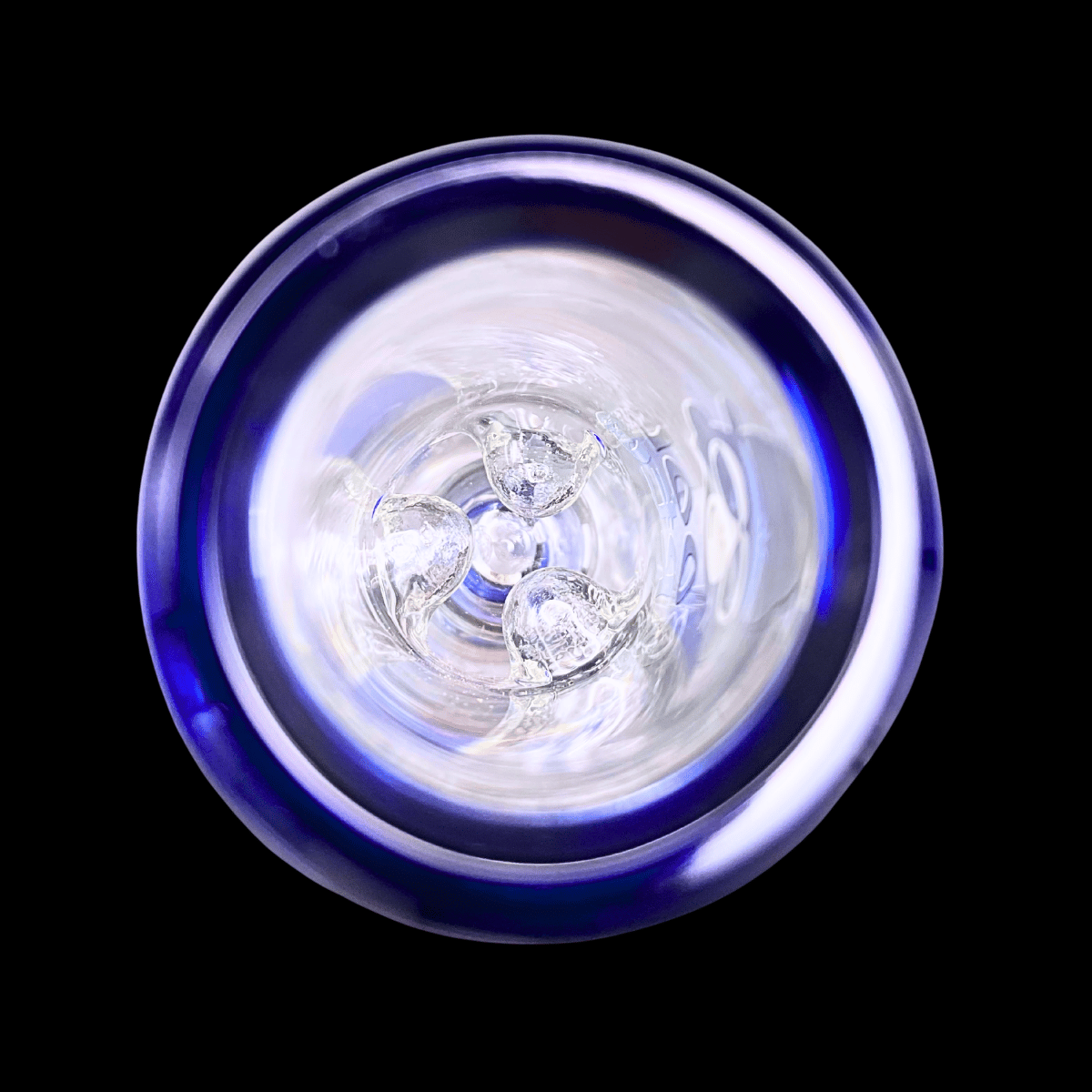 1. Top view inside Blue Core glass bong with blue and purple mouthpiece rim