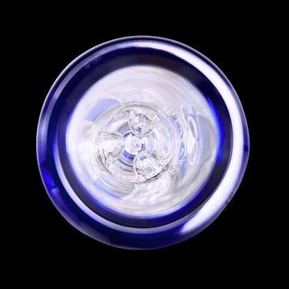 1. Top view inside Blue Core glass bong with blue and purple mouthpiece rim