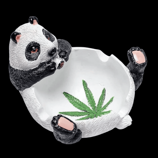 Cute panda resin ashtray holding a cannabis-leaf bowl, compact size 8.9 × 7.6 cm
