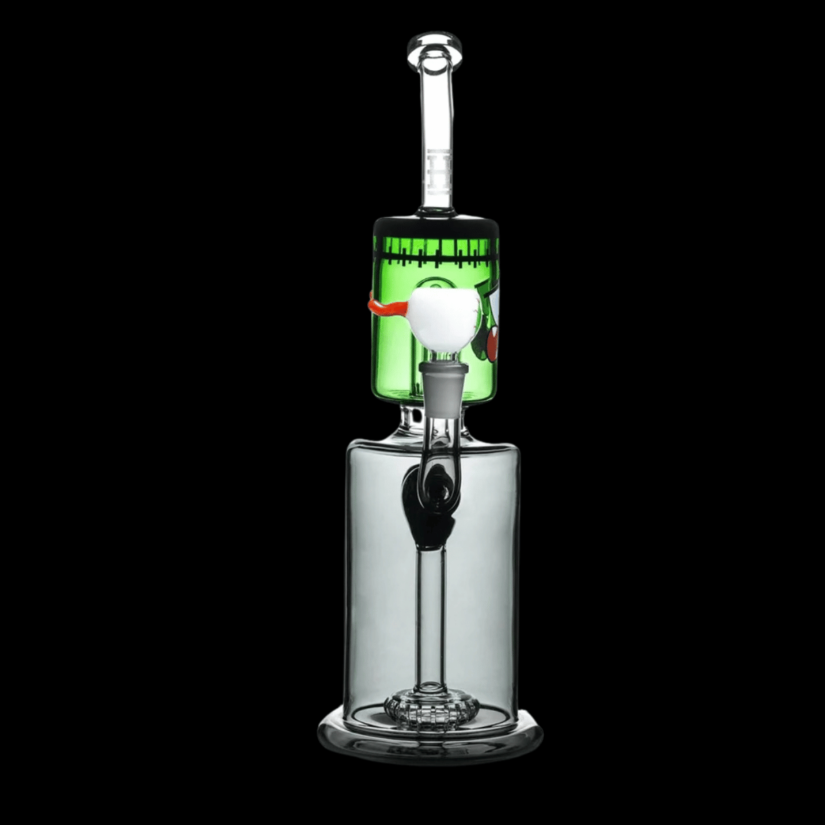 Angled view of Dankenstein XL Bong with double percolator and glow bolts