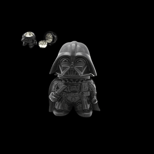 Darth Invader mini herb grinder with helmet shell, opened to show metal teeth and catch chamber